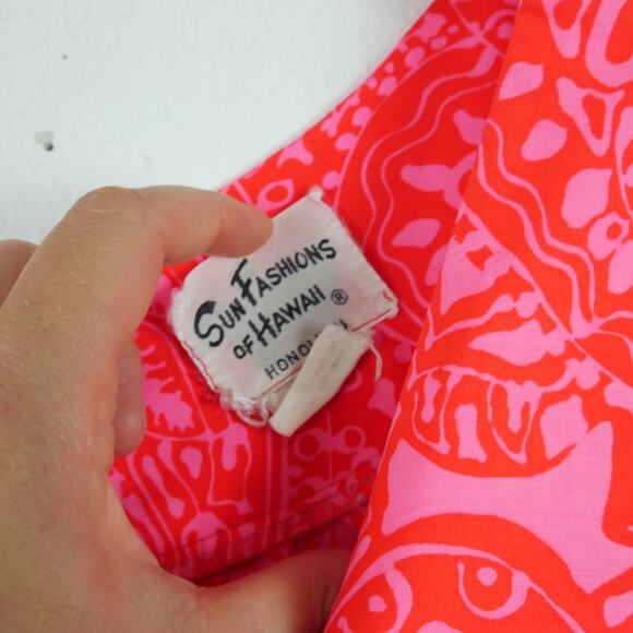 Vintage Sun Fashions of Hawaii Size 14 Hawaiian Maxi Dress Neon Pink Paisley 70s - Picture 5 of 9